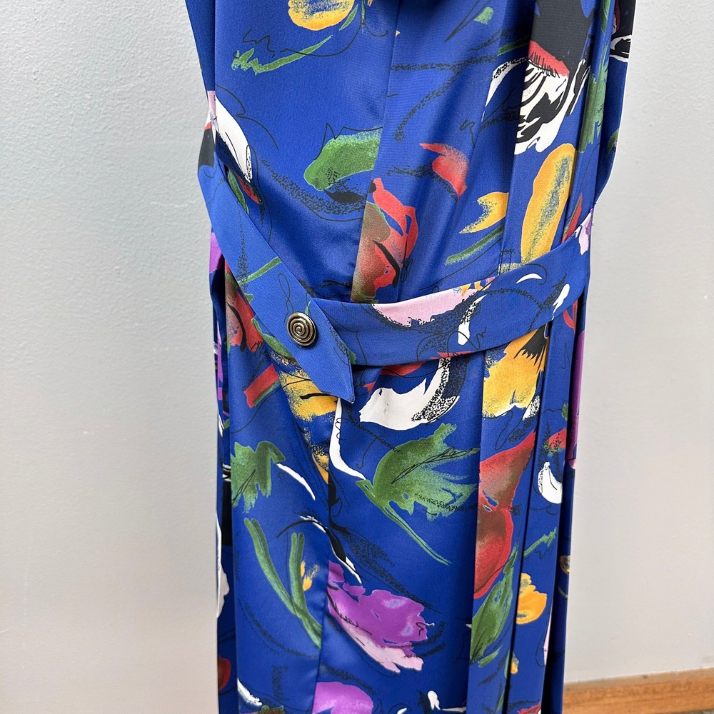 Vintage Midi Dress Women Size M Blue Floral 80s Drop Waist Retro Shoulder Pads - Picture 6 of 11